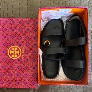 Tory Burch Black Leather Strappy Slide Sandals